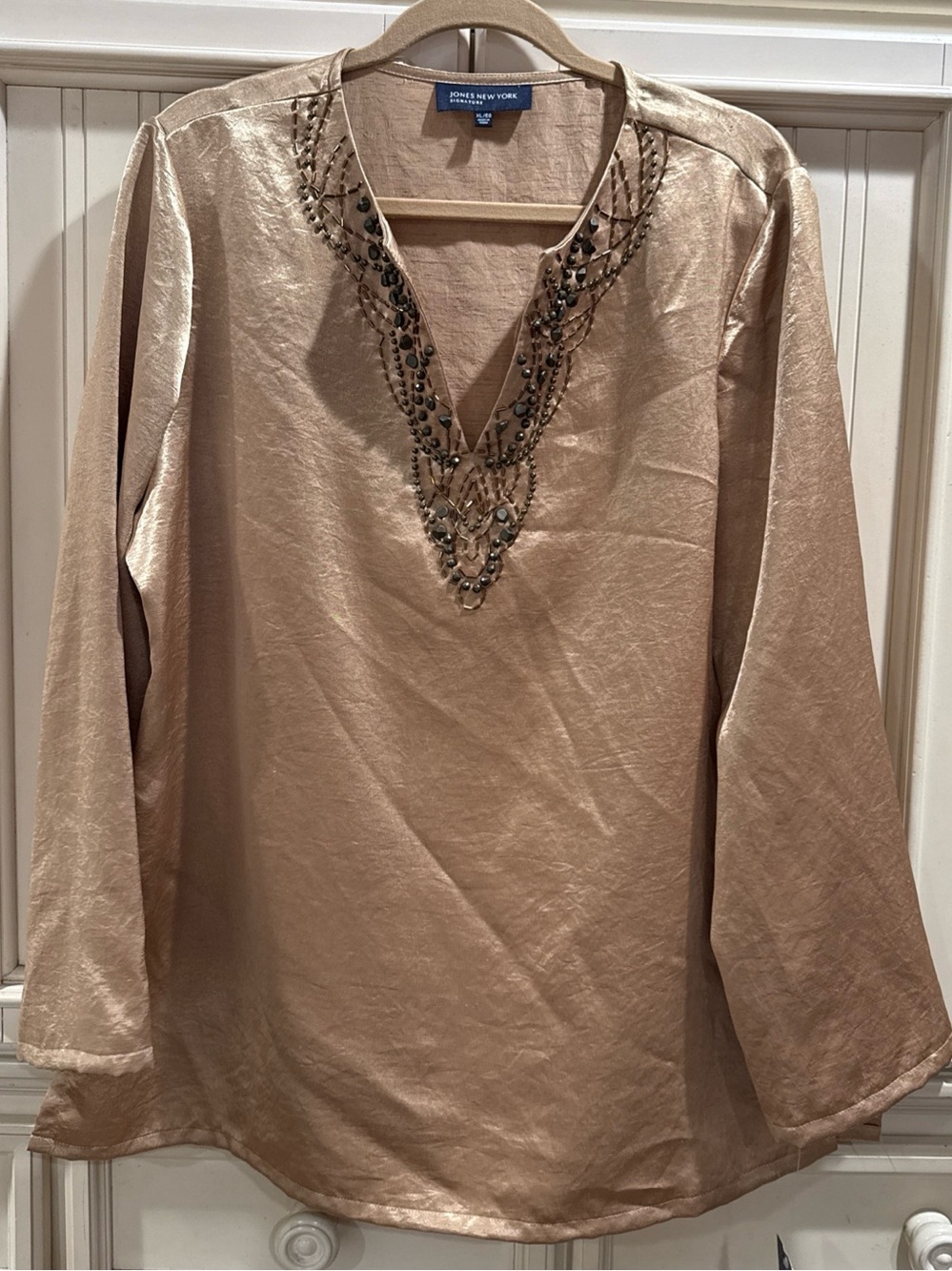Jones New York Metallic Tan Beaded V-Neck Tunic